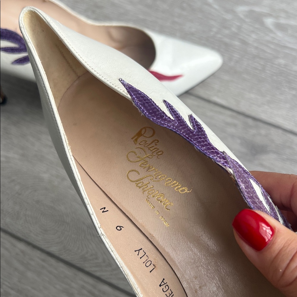 Vintage Salvatore Ferragamo White Heels with Red and Purple Snakeskin - Picture 3 of 10
